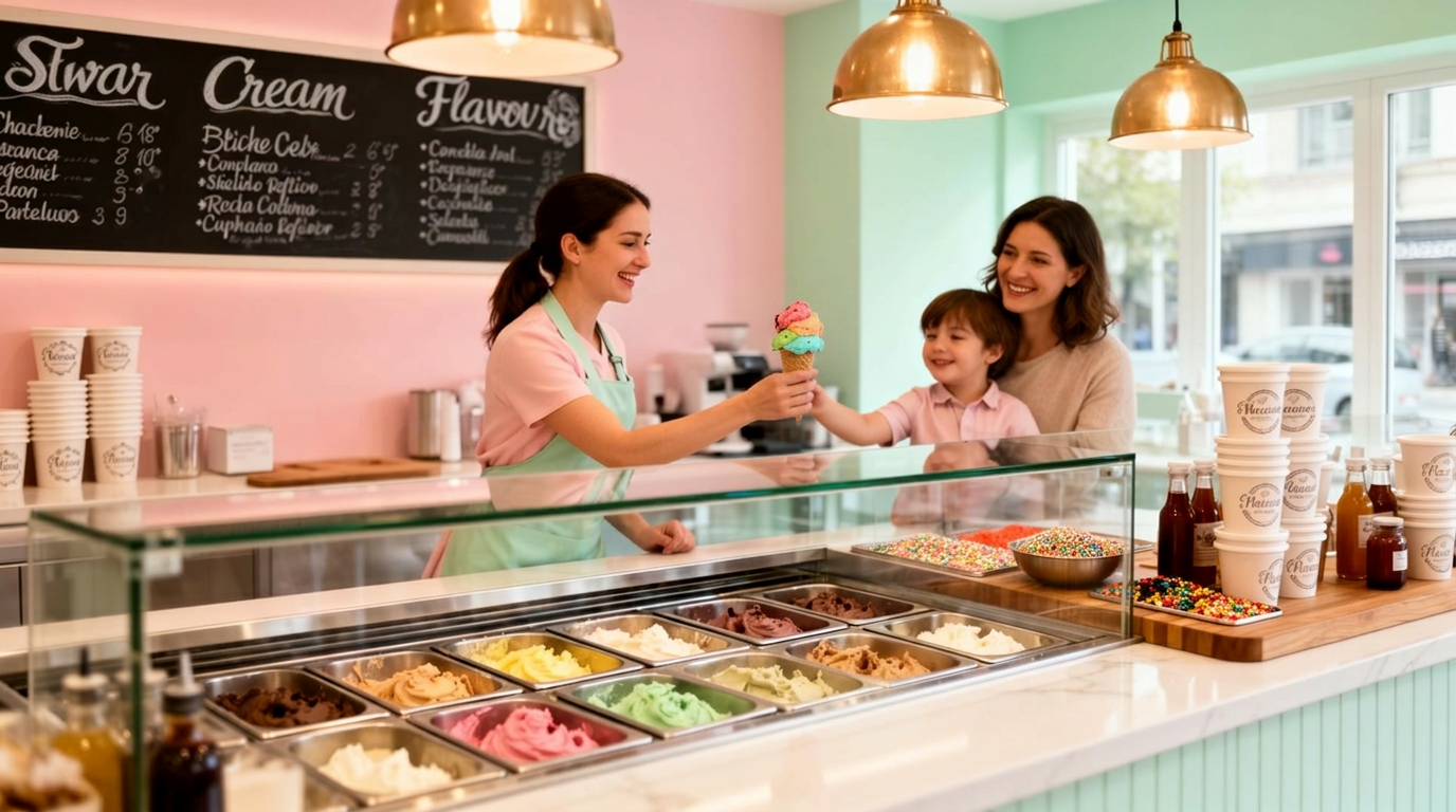 Staff member serving a colourful gelato cone to a family at a modern ice cream parlour counter
