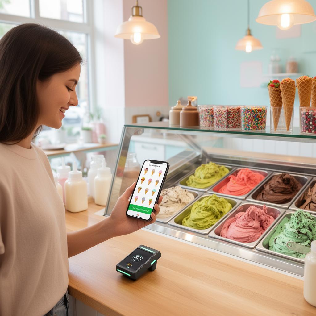 Customer redeeming a digital ice cream parlour loyalty card on her phone at the counter