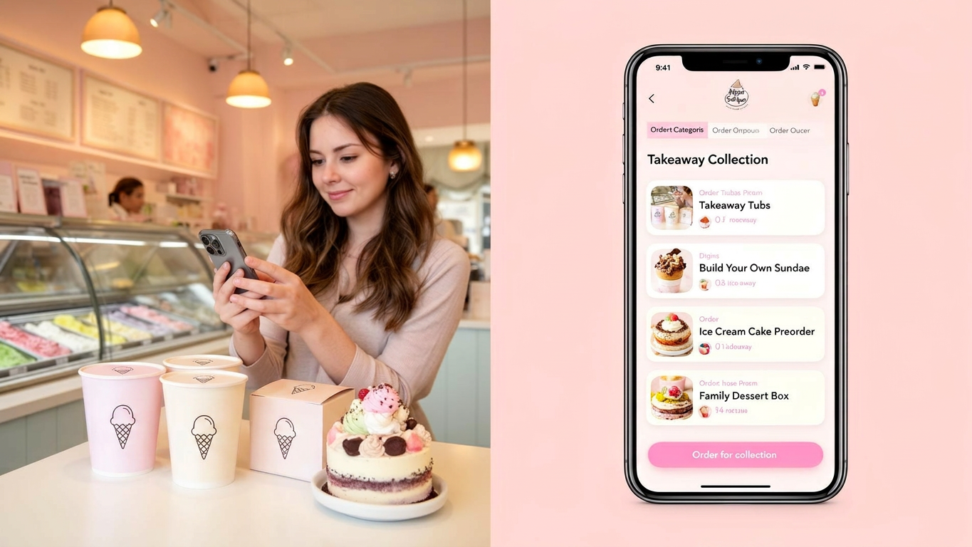 Customer pre-ordering an ice cream cake and takeaway tubs for collection from a parlour
