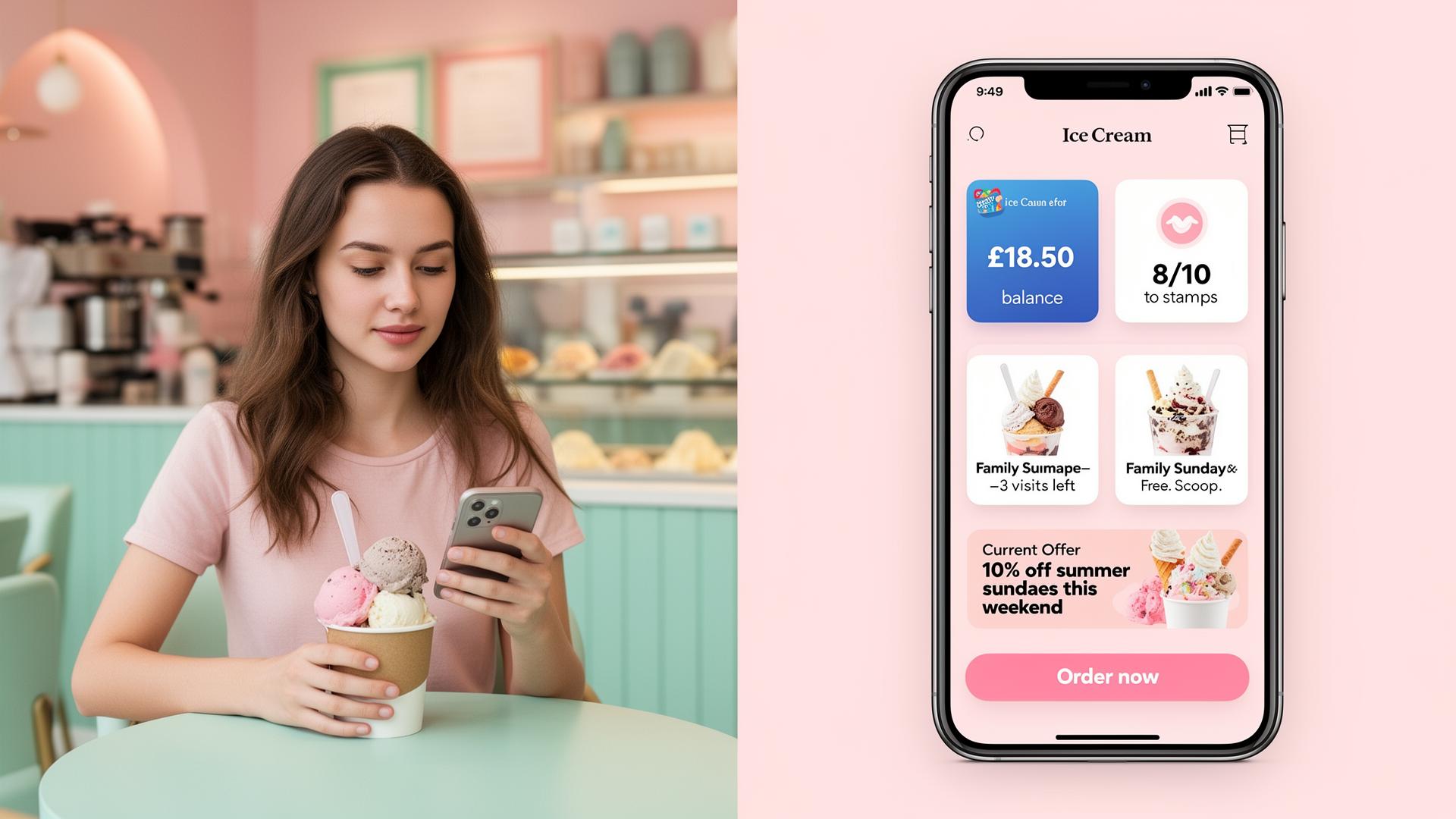 Branded ice cream parlour digital wallet showing balance, loyalty progress, bundle and current offer