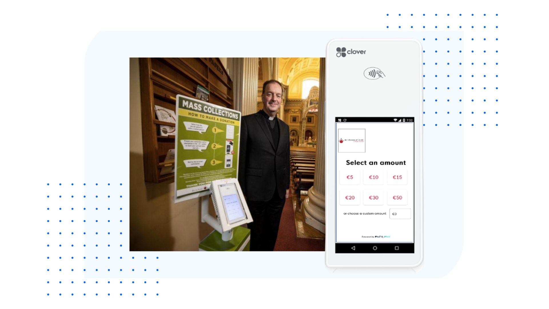 Self-service donation kiosk and Clover terminal showing select-an-amount donation screen