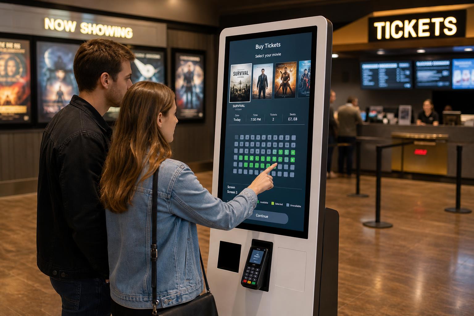 Customers using a self-service kiosk in a cinema foyer