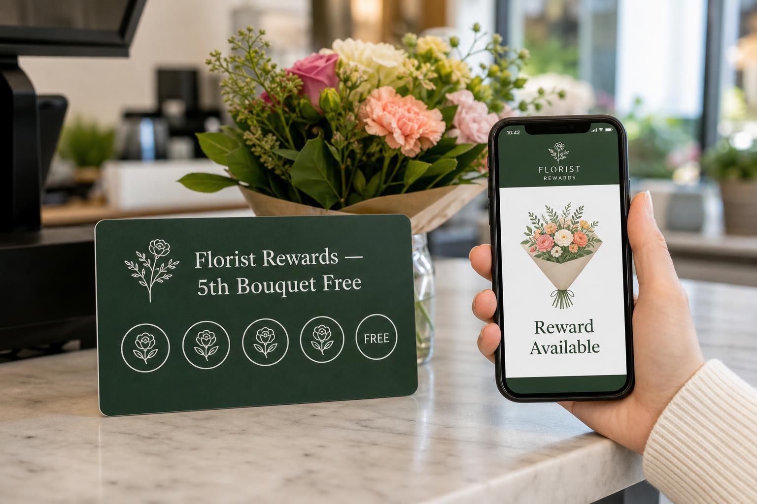 Florist loyalty card and mobile rewards screen with a bouquet