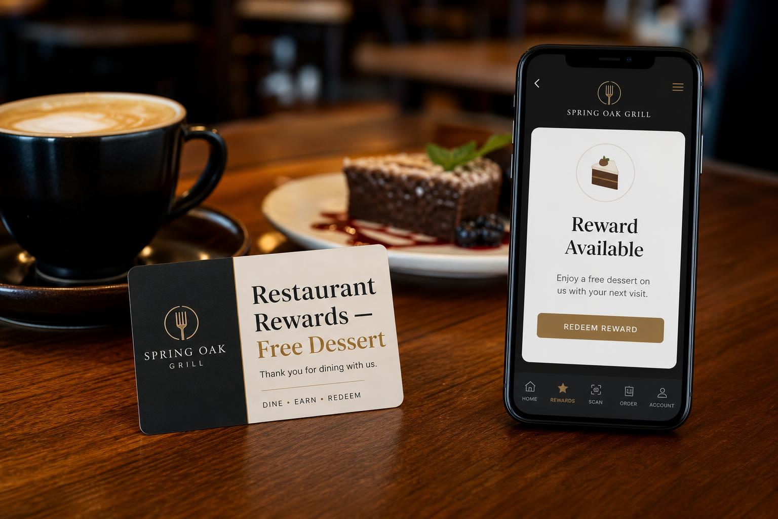Restaurant loyalty rewards screen showing free dessert offer