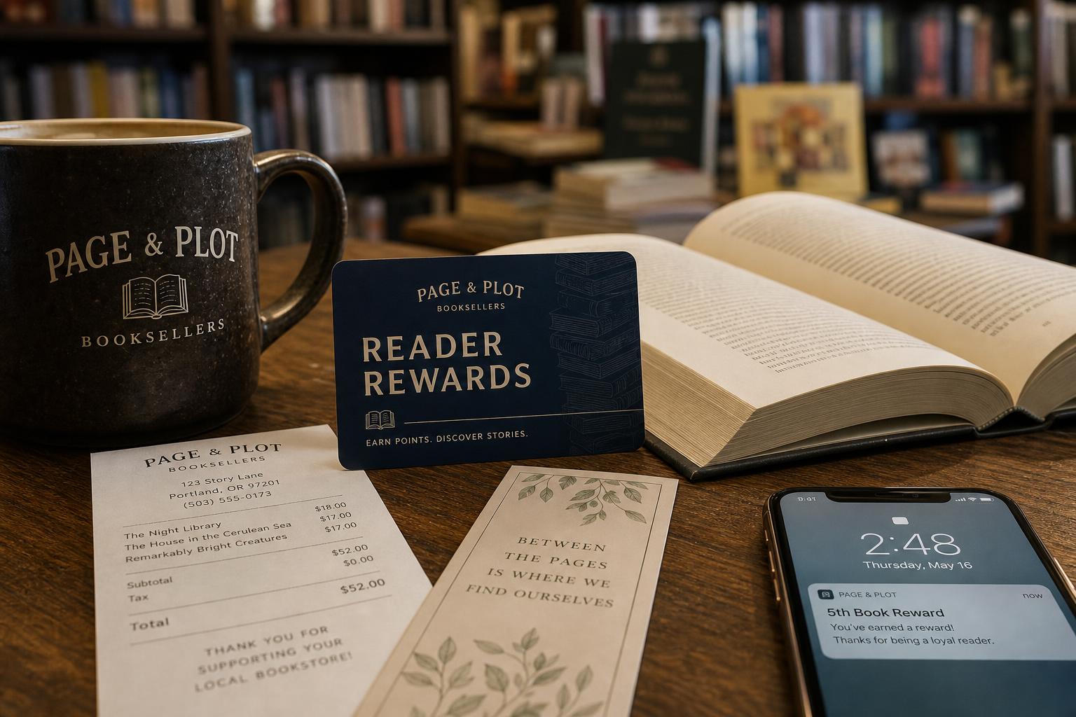 Bookstore loyalty rewards shown through branded card and reader rewards