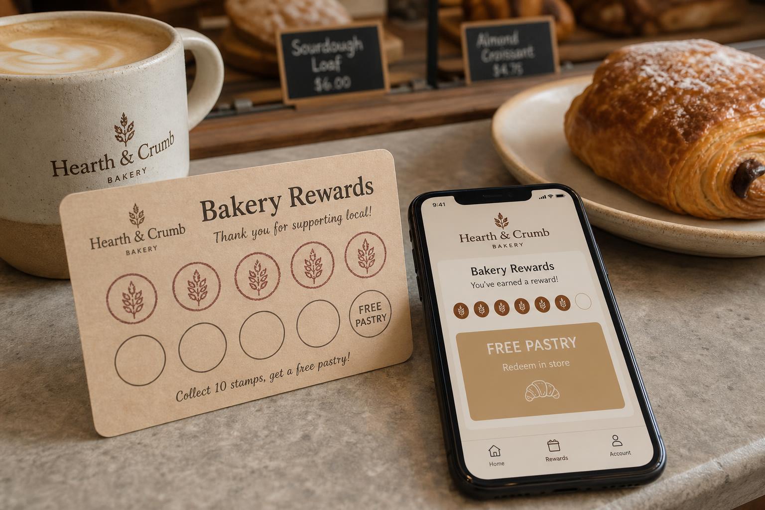 Bakery loyalty rewards shown through branded card and digital experience