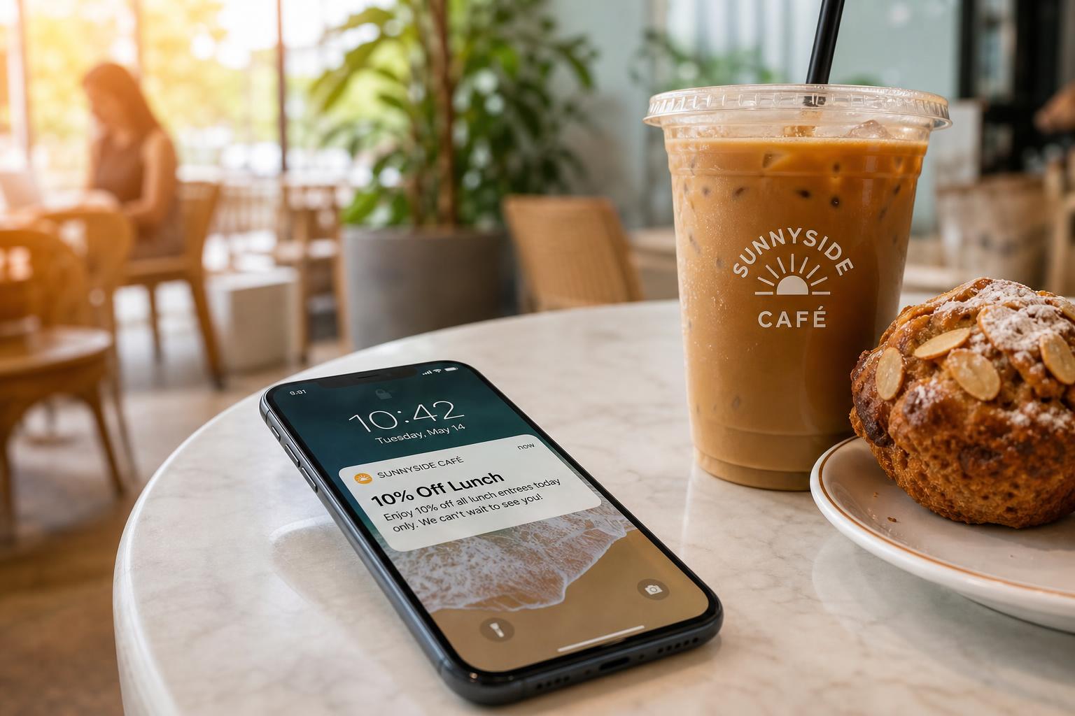 Café push notification on a phone promoting a seasonal coffee offer