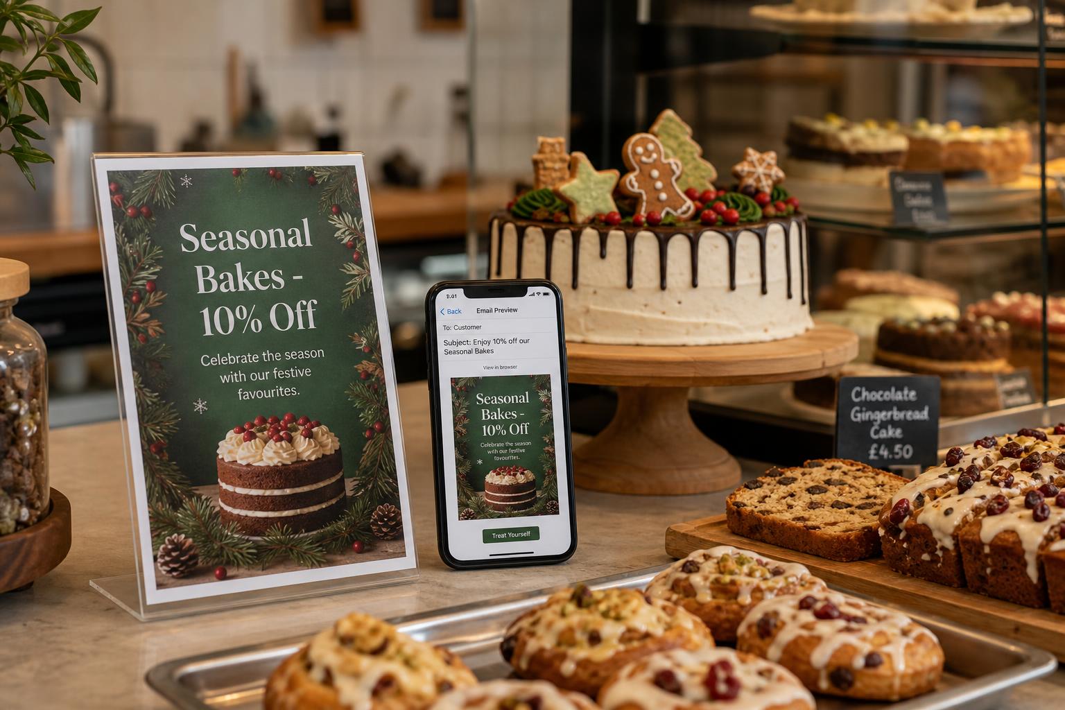 Bakery marketing campaign displayed in a real bakery setting