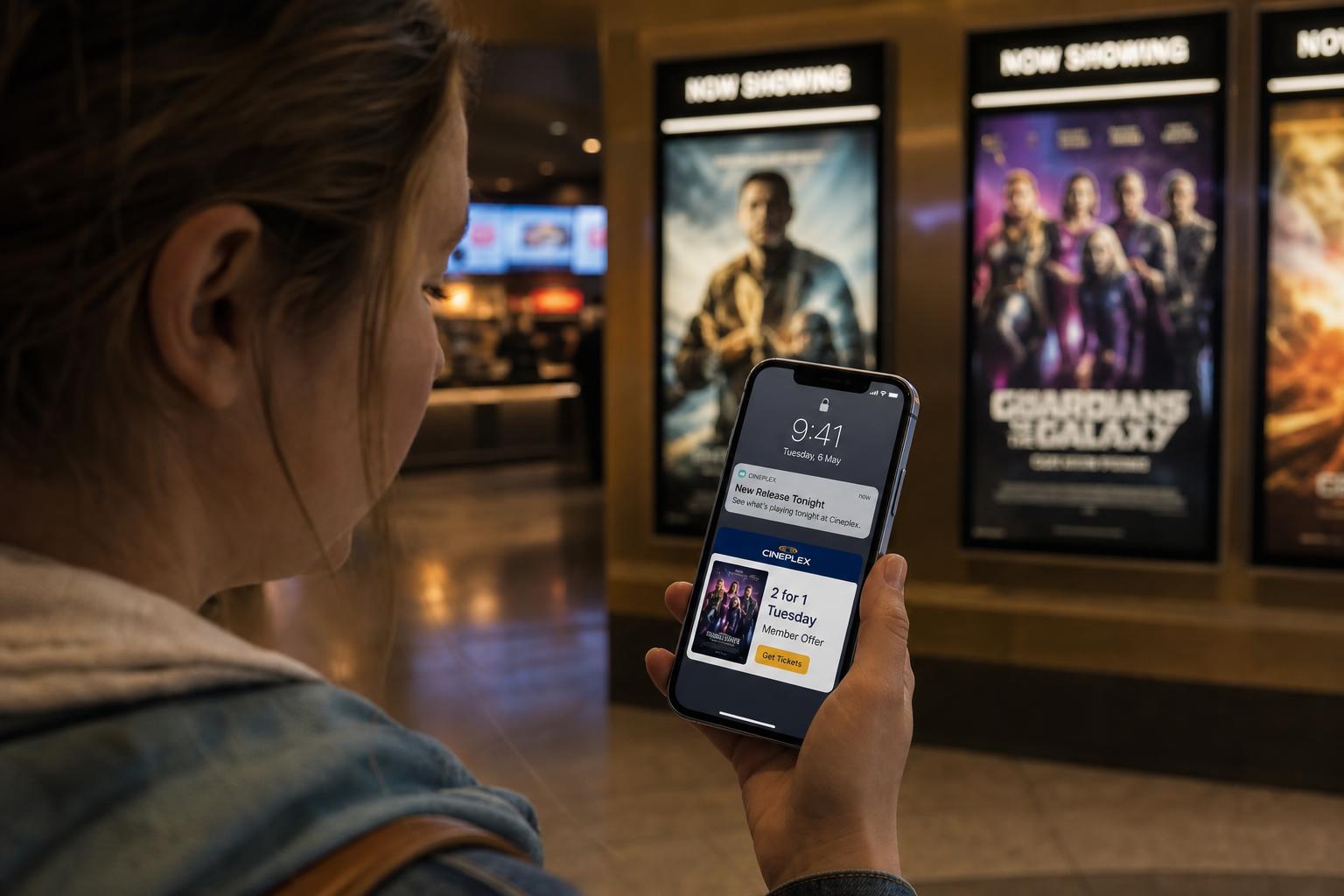 Cinema customer receiving a digital offer or push notification for an upcoming screening