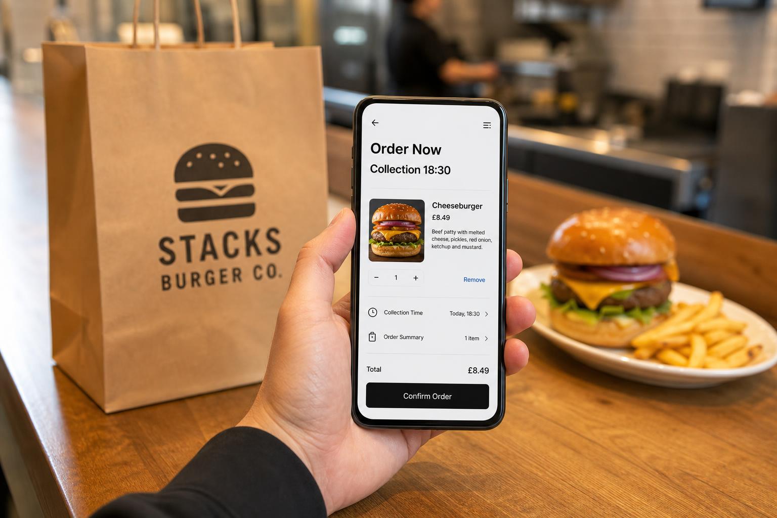 Restaurant online ordering on a smartphone showing menu and collection time