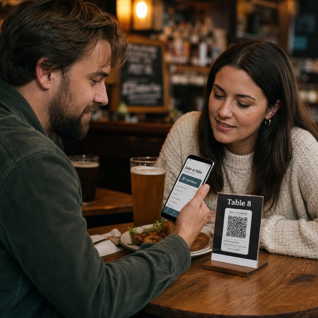 Customer using table ordering for food and drinks in a pub