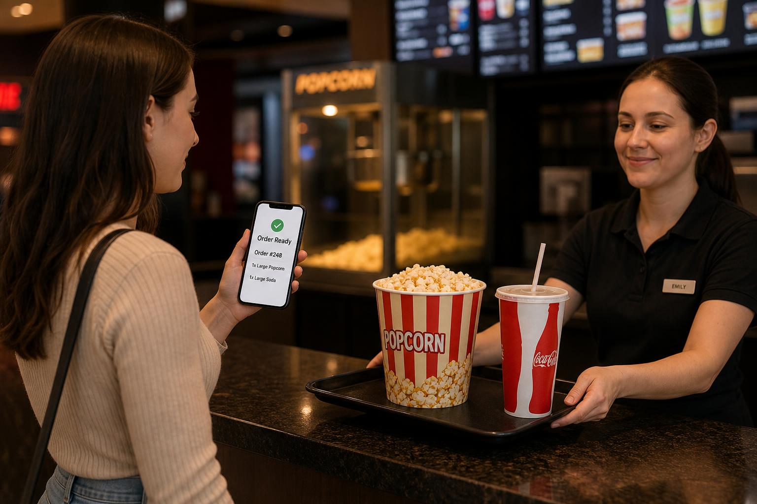 Customer holding a phone in her left hand while collecting a pre-ordered popcorn and drink at a cinema concessions counter.