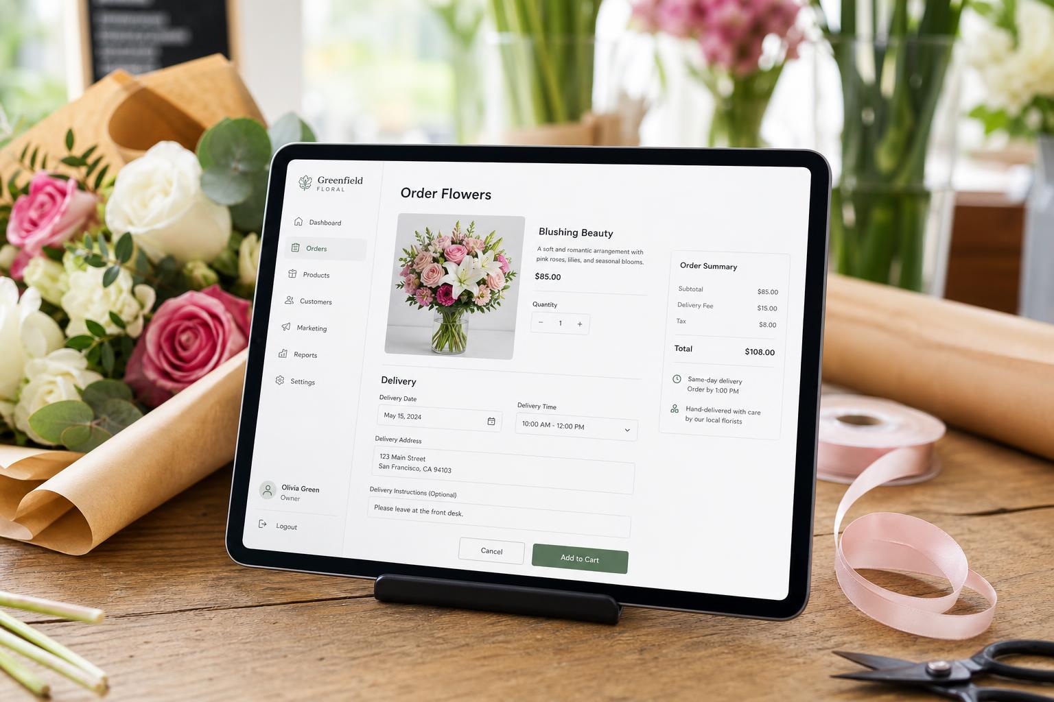 Online flower ordering page with bouquet selection and delivery date
