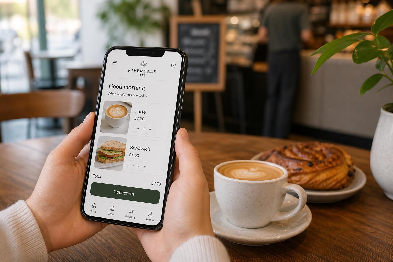 Café order-ahead screen on a phone showing coffee and a collection time