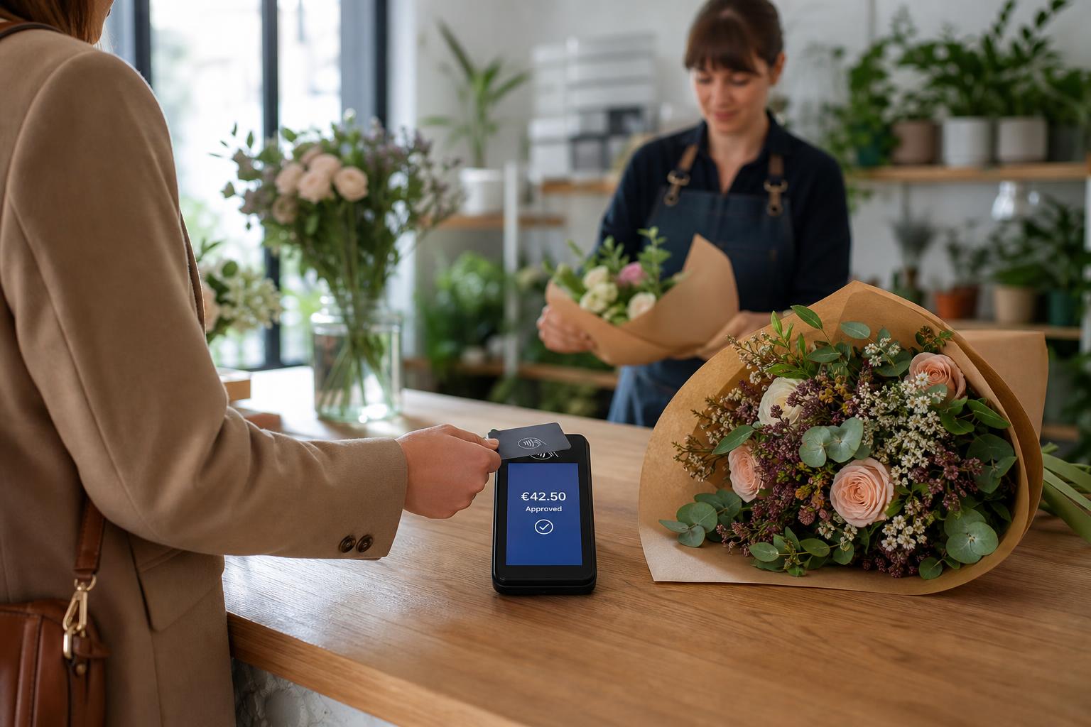 Contactless card payment for a bouquet at a florist counter