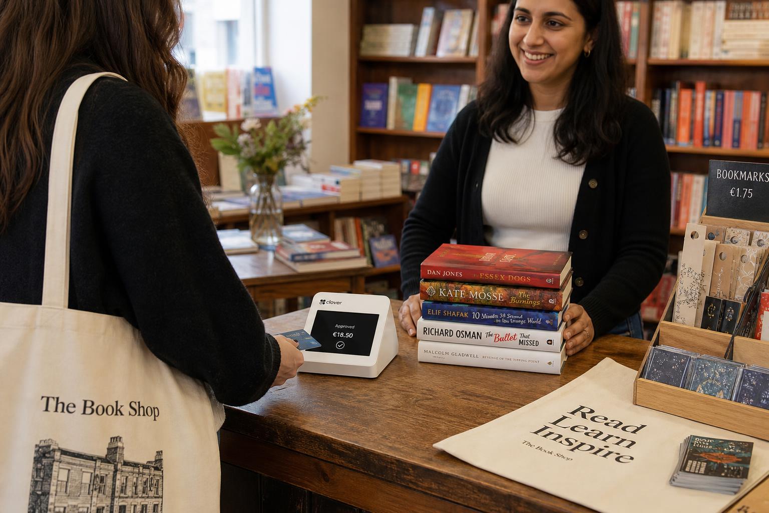 Bookstore customer paying at the checkout counter using Clover POS hardware