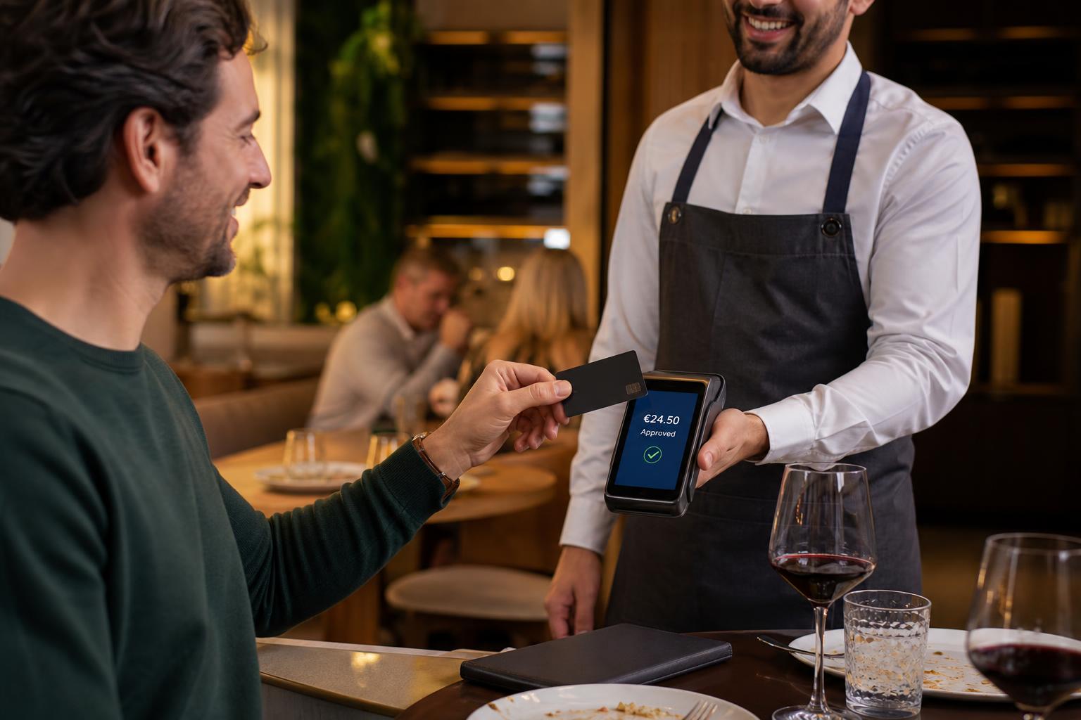Diner paying a restaurant bill with a contactless card terminal at the table