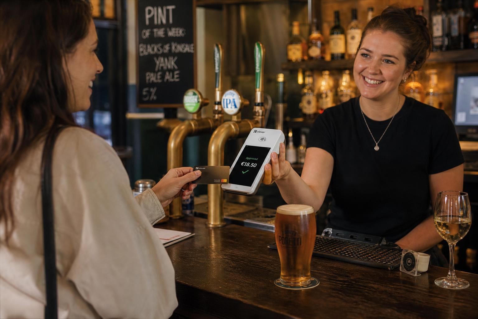 Customer paying at pub bar using Clover POS hardware