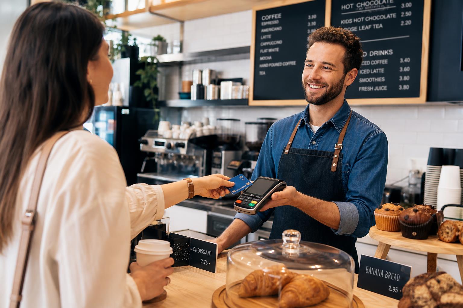 Barista taking a contactless card payment at a café counter