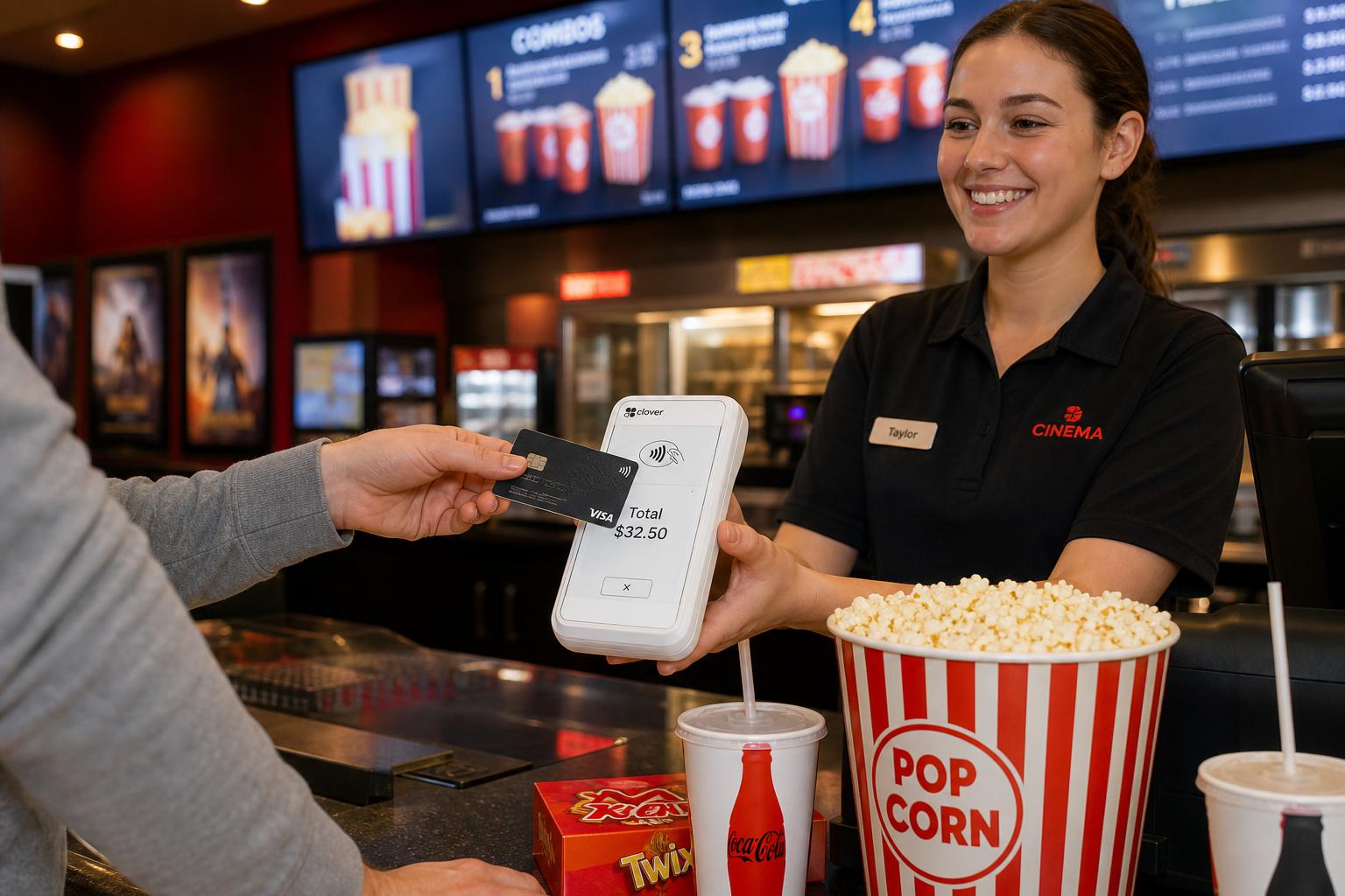 Customer paying at a cinema concession counter using a Clover payment device