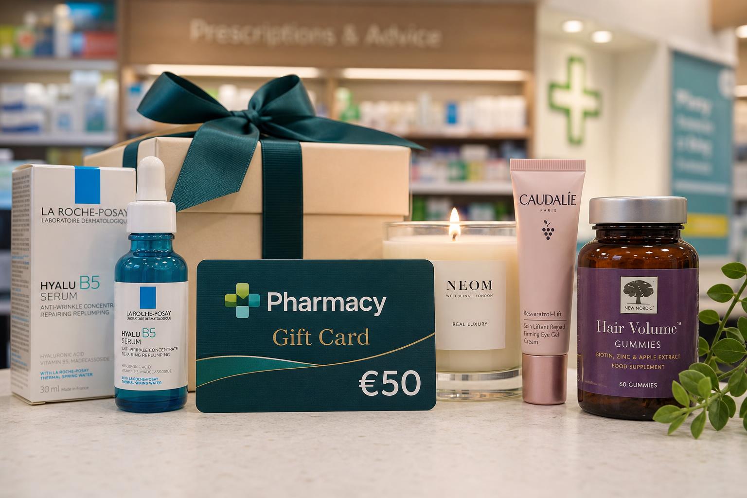 Branded pharmacy gift card shown with wellness and beauty products