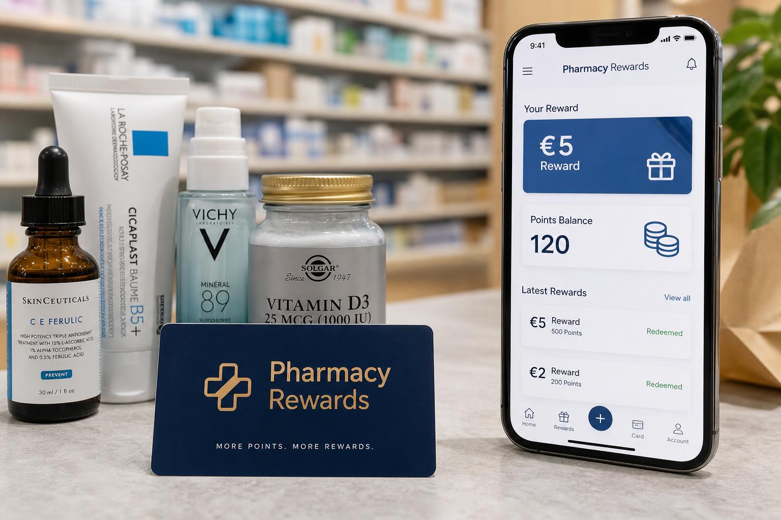 Pharmacy loyalty rewards shown through a customer phone and retail products