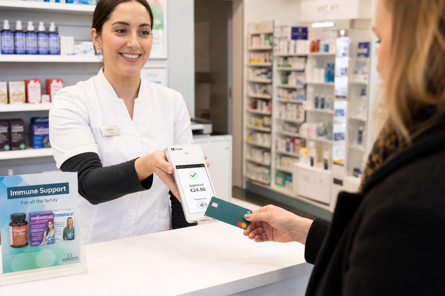Customer paying at a pharmacy counter using Clover POS hardware