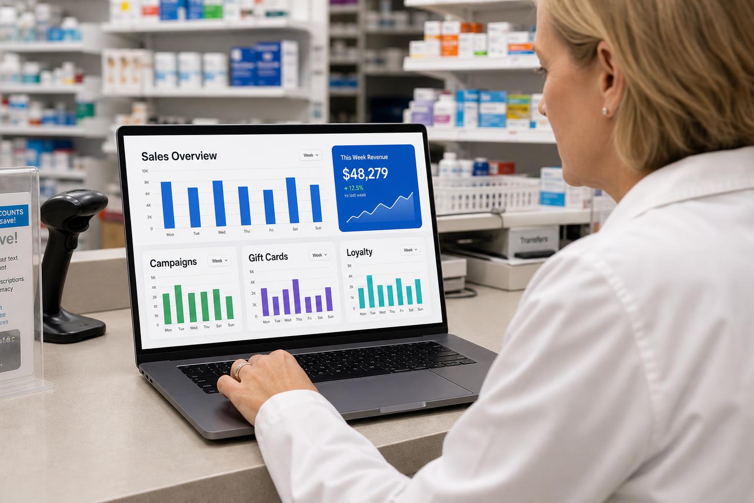 Pharmacy reporting dashboard showing retail sales and campaign performance