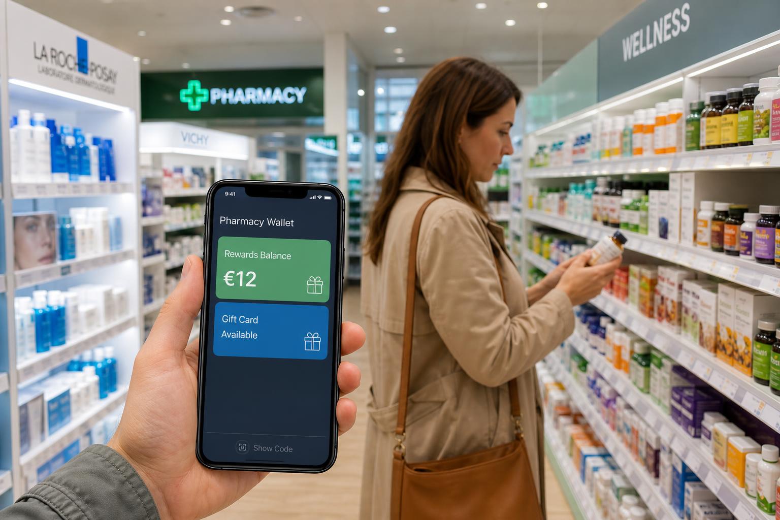 Customer using a pharmacy digital wallet in a retail pharmacy setting