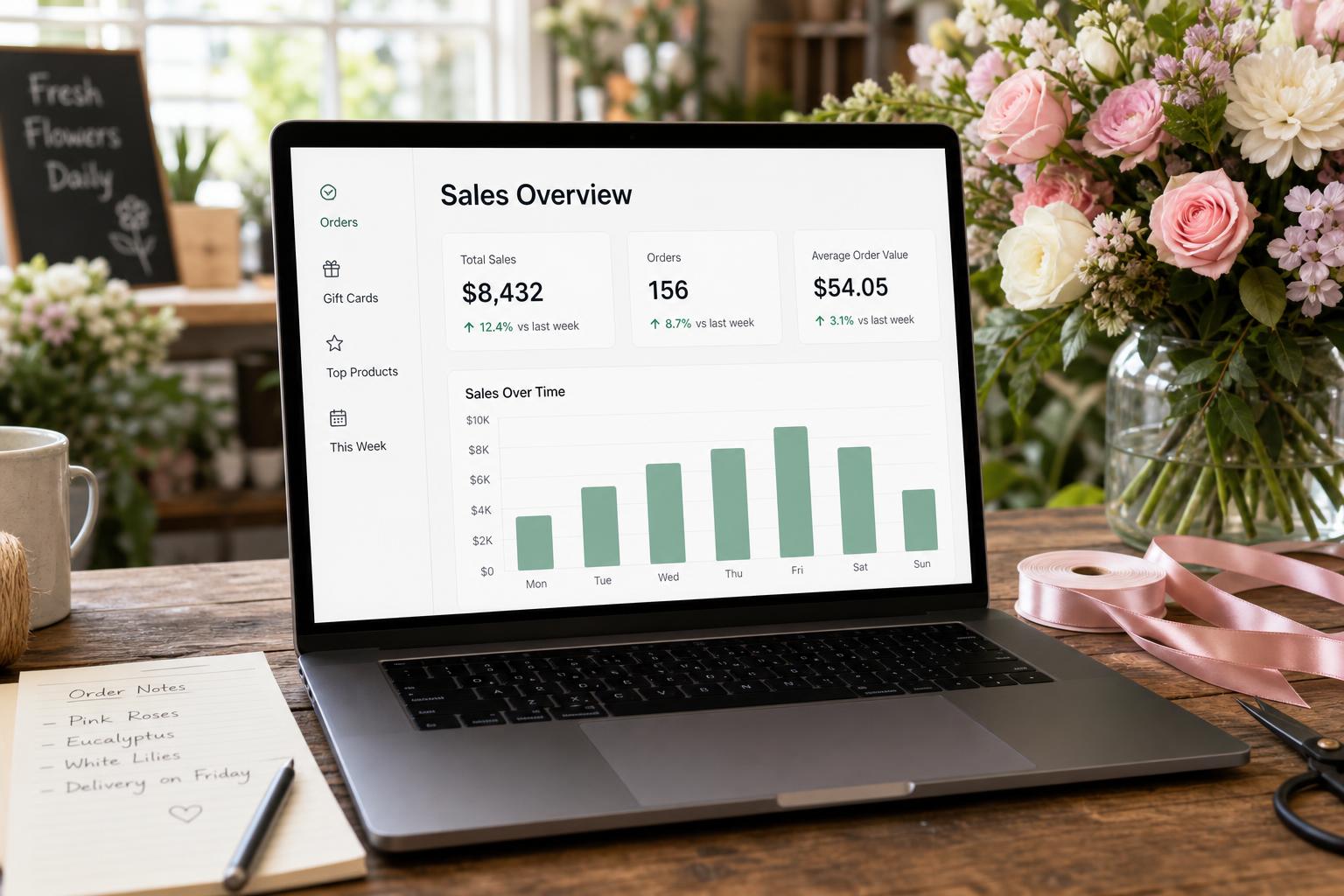 Sales dashboard for a florist showing bouquet performance and orders