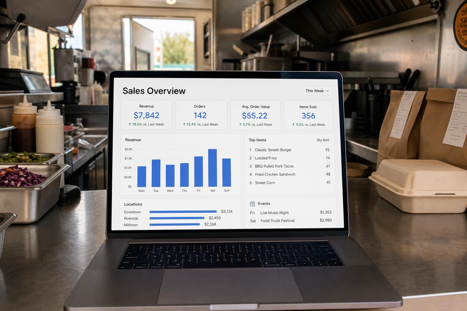 Food truck reporting dashboard showing sales by location and activity