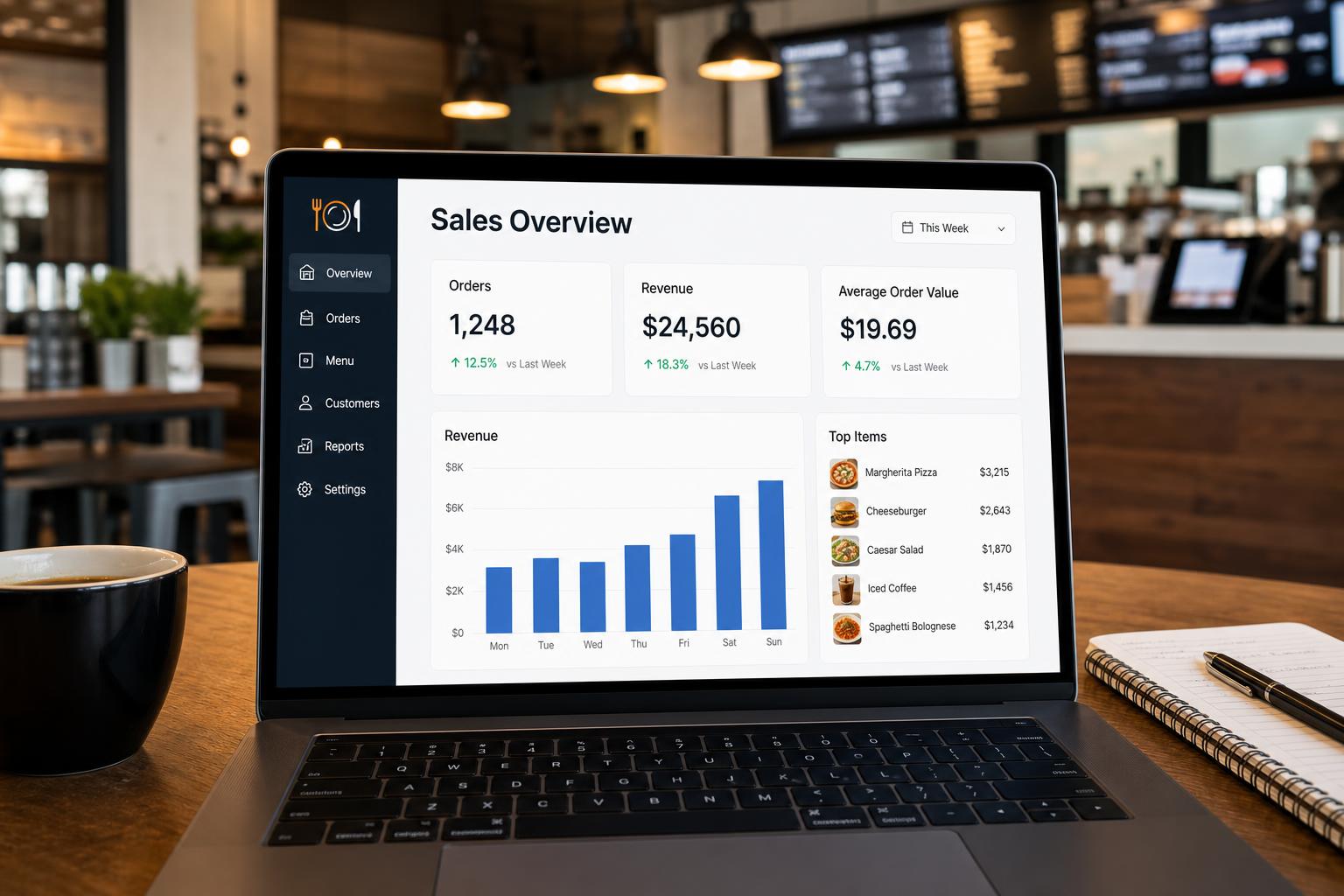 Restaurant sales dashboard showing revenue and top items