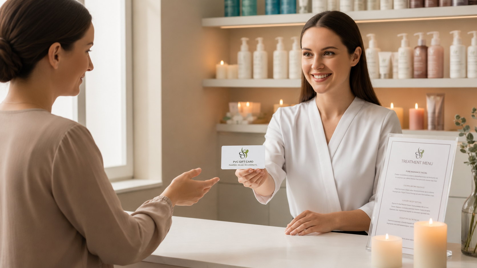 Customer at a salon and spa reception using Facilipay gift card and payment tools