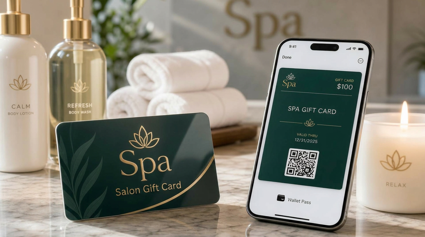 Branded PVC salon gift card and digital voucher in a mobile wallet