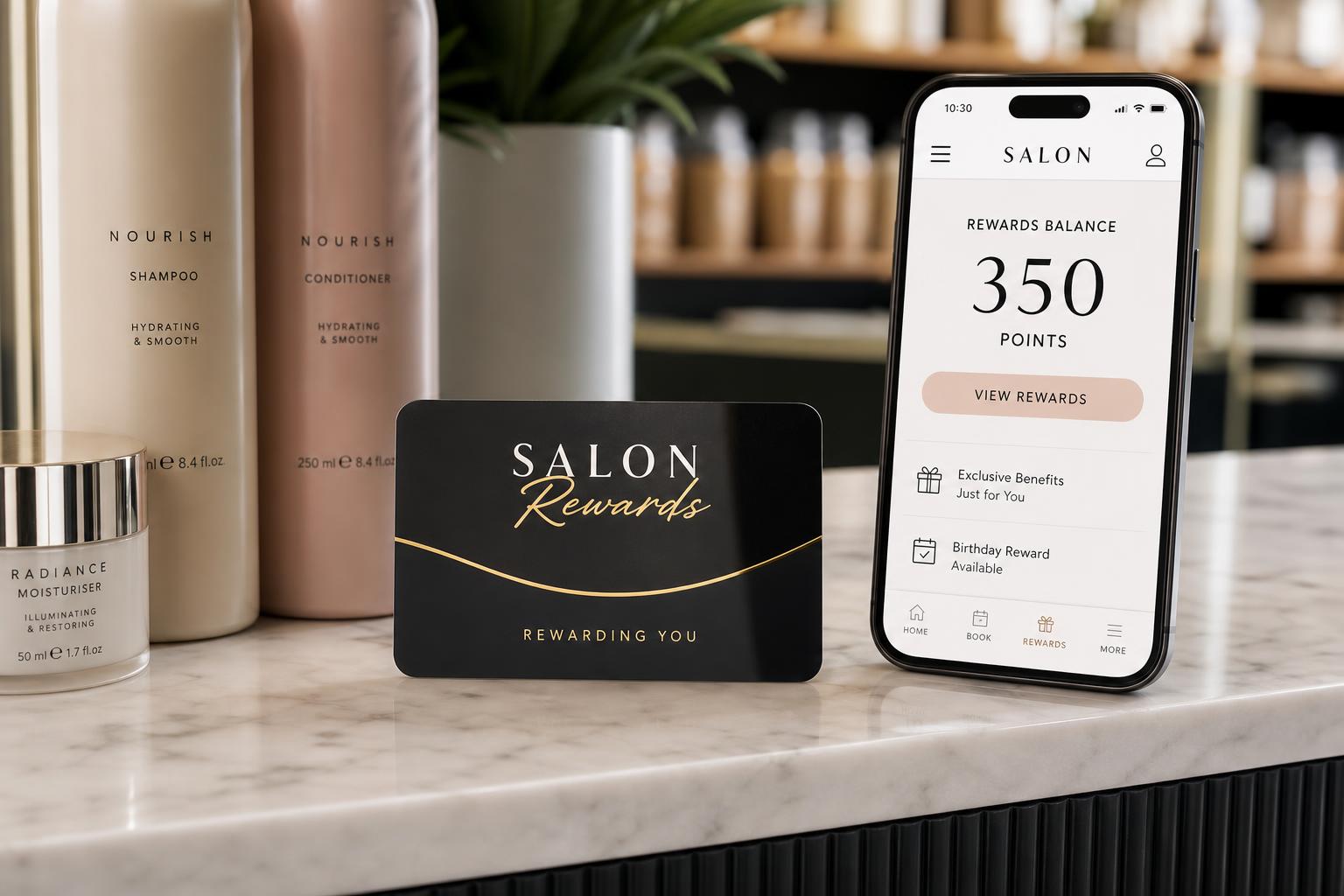 Branded PVC salon loyalty card shown with beauty products and rewards