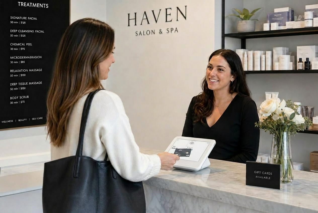 Customer paying at a salon and spa reception using Clover POS hardware