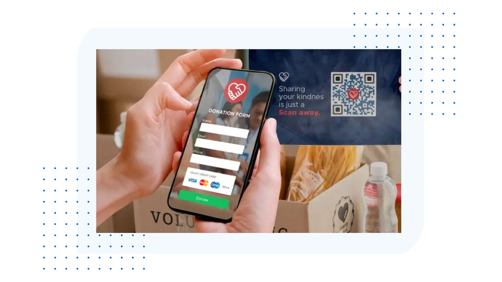 Supporter scanning a QR code to access an online donation form on their phone