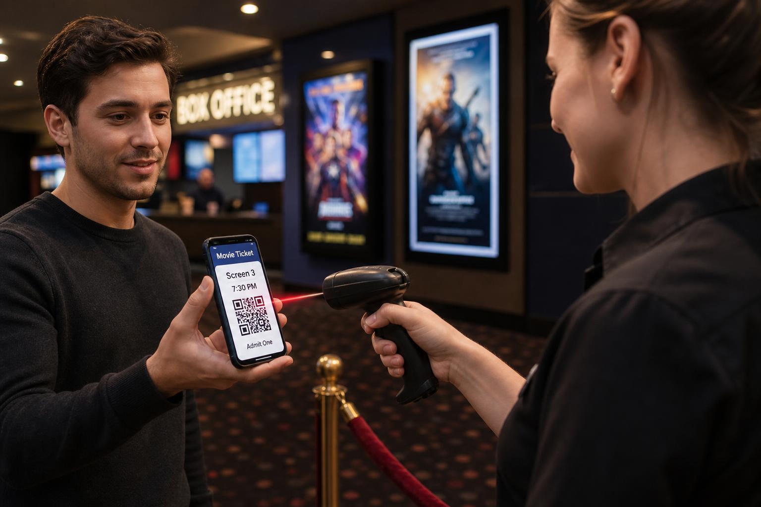Customer presenting a mobile cinema ticket for scanning at a cinema entrance