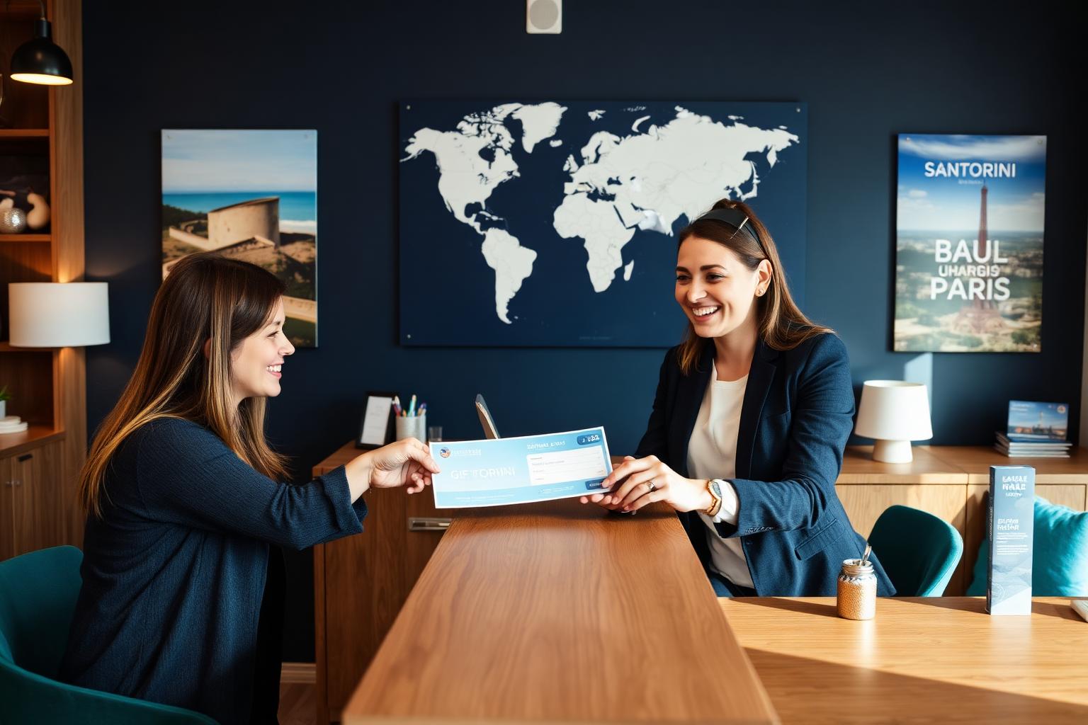 Travel agent handing a branded digital gift card to a customer in a modern agency