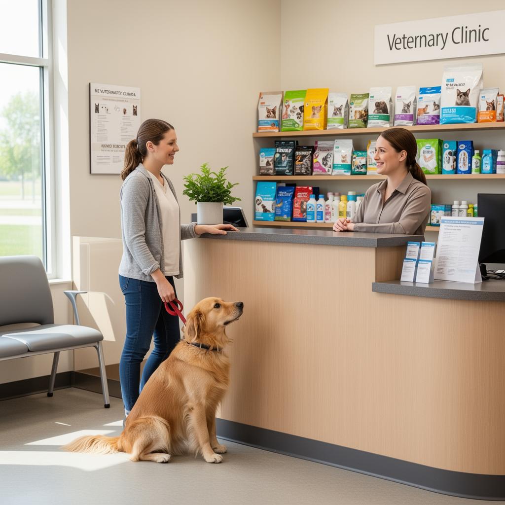 Pet owner at a veterinary clinic reception using Facilipay payment and customer engagement tools