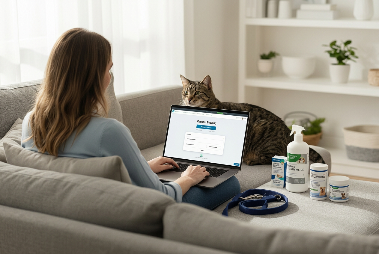 Pet owner requesting a veterinary clinic booking online