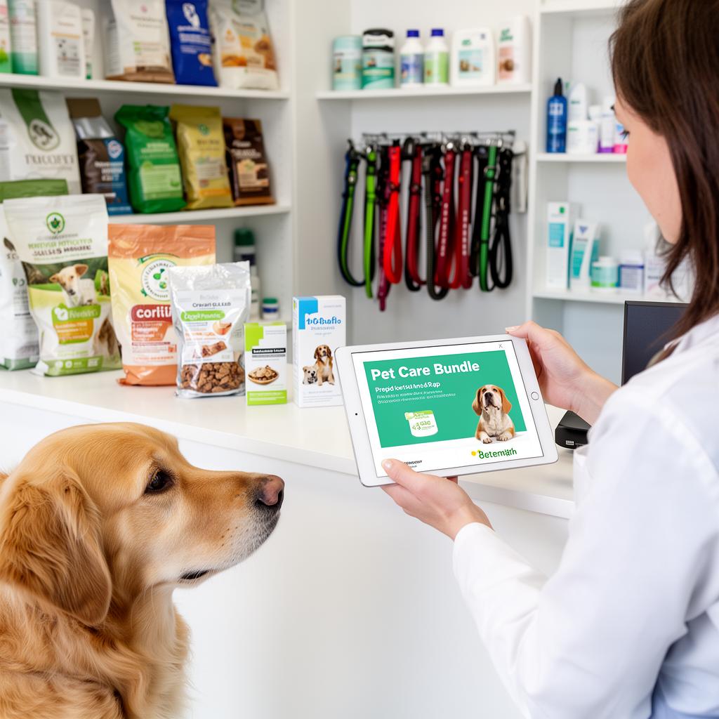 Pet owner viewing a prepaid pet care bundle at a veterinary clinic
