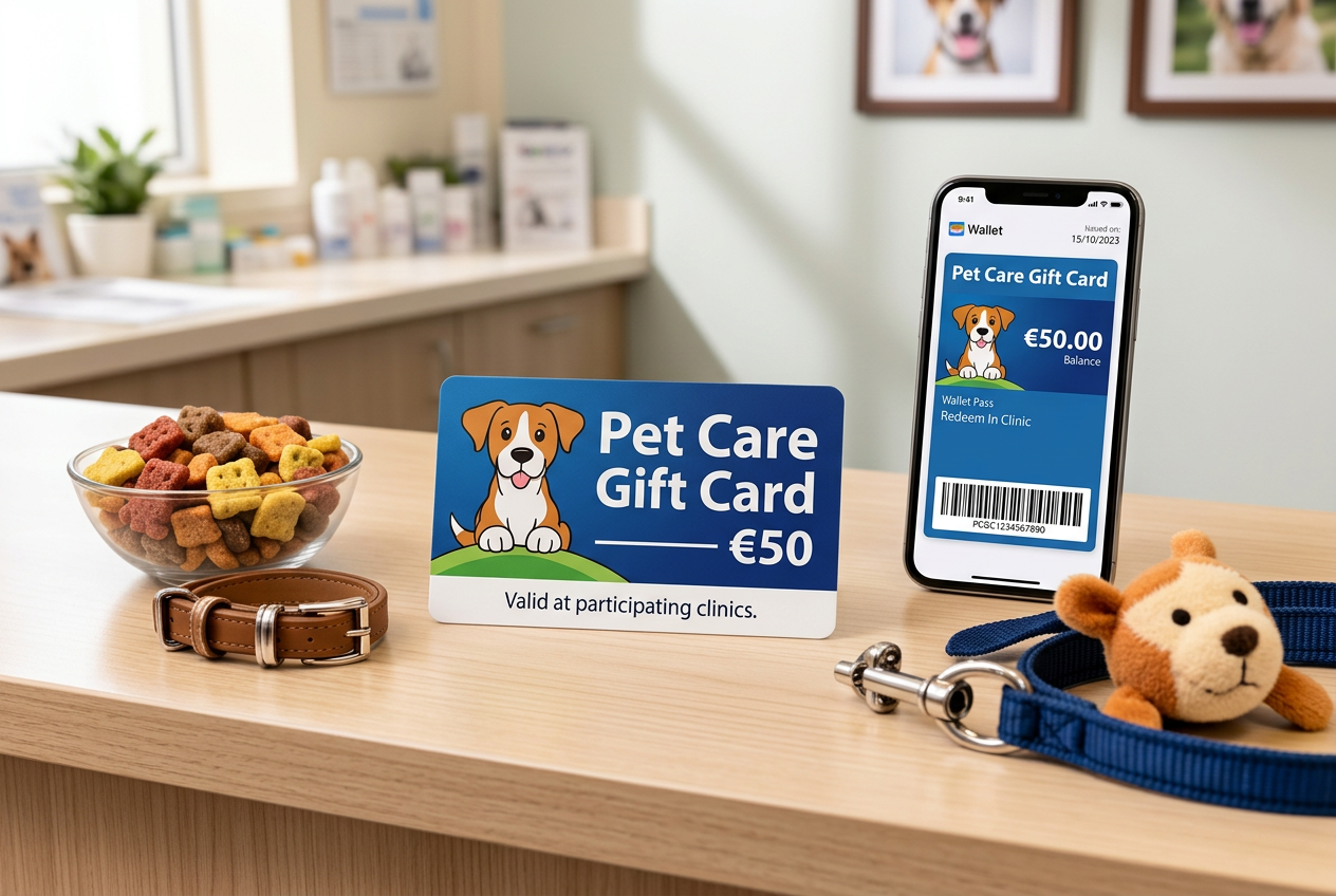 Veterinary clinic gift card shown with pet care products at reception