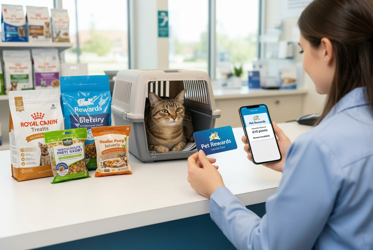 Pet owner using loyalty rewards at a veterinary clinic reception