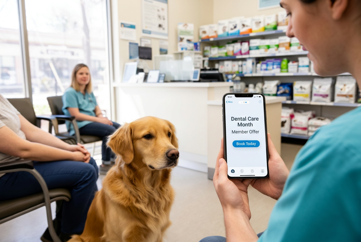Digital veterinary clinic marketing message shown on a pet owner phone