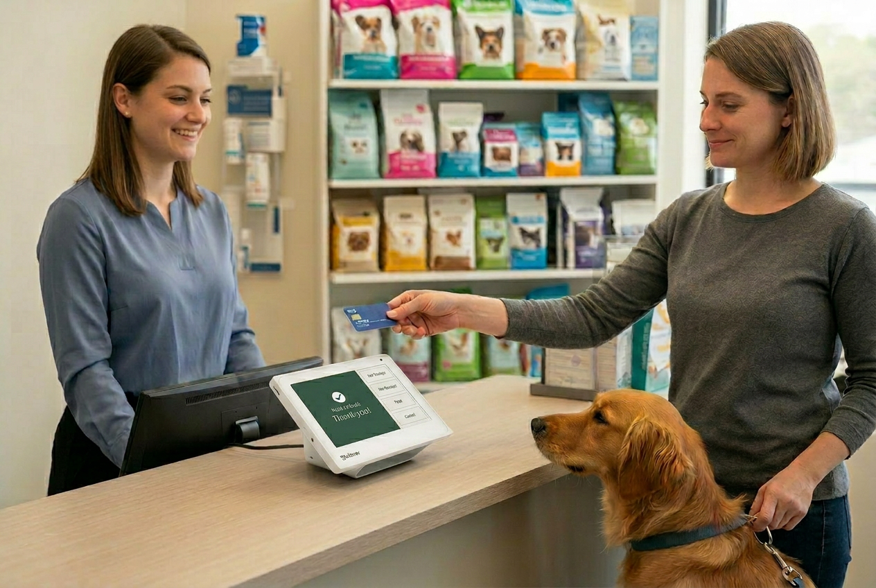 Pet owner paying at a veterinary clinic reception using Clover POS hardware