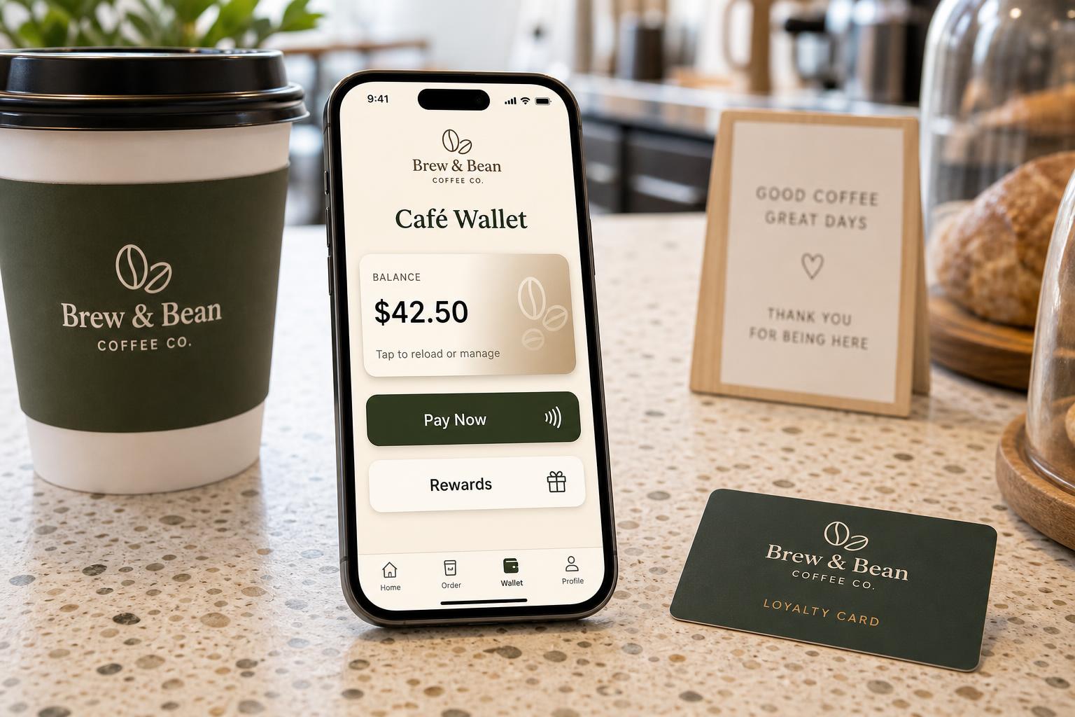Branded café mobile wallet showing loyalty stamps and gift card balance