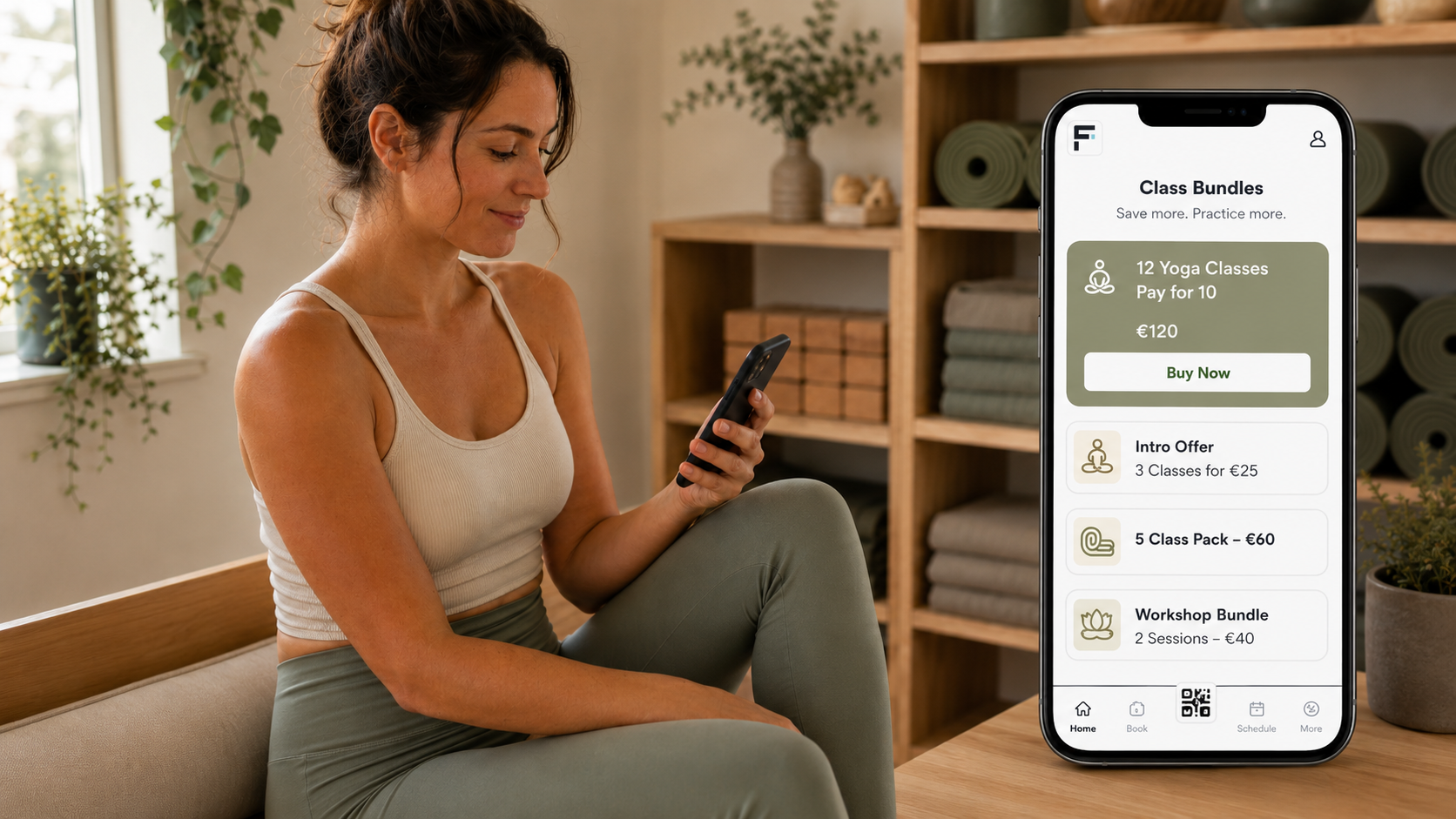 Customer viewing a prepaid yoga studio class pack bundle