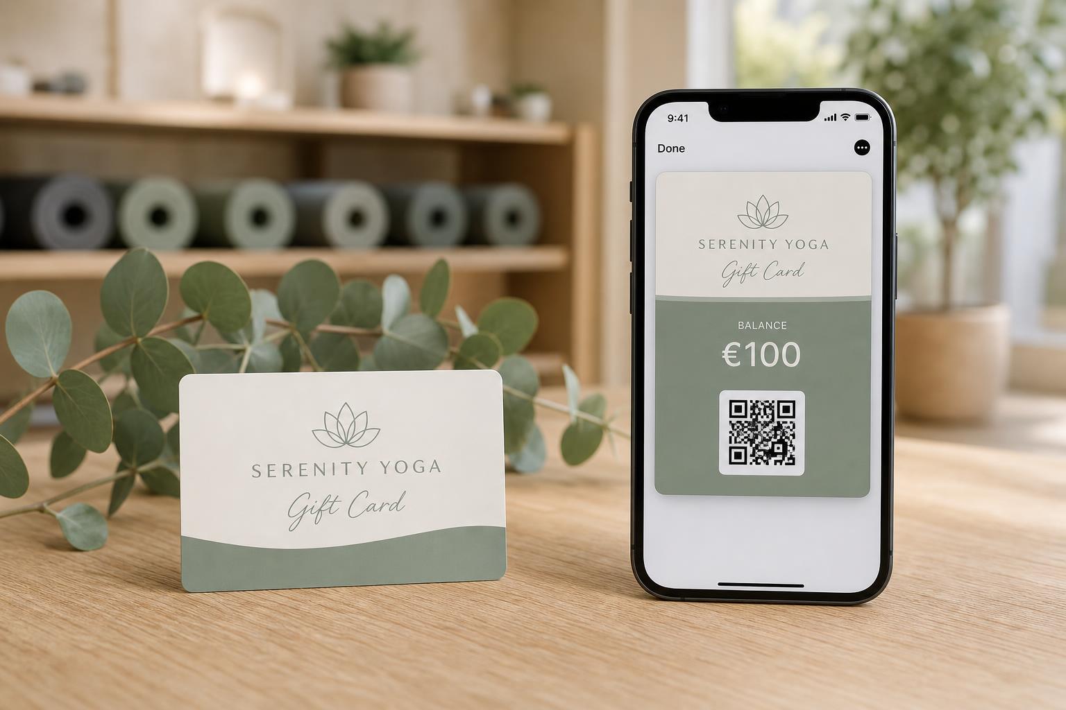 Branded PVC yoga studio gift card and digital voucher in a mobile wallet