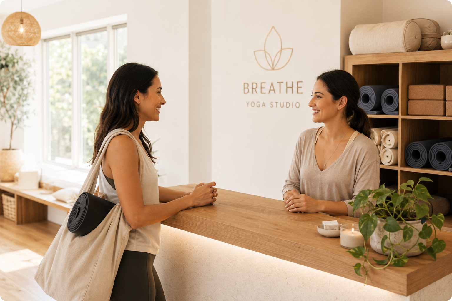 Customer at a yoga studio reception using Facilipay class pack and payment tools